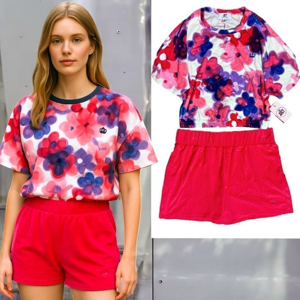 Juicy Couture Pink Purple Floral Terry Cloth 2pc Outfit Set Size Medium NWT